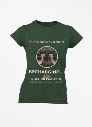 20260305045409-1f1184f5-8865-6684-8232-7a875e73cdef.png Rottie Wireless Security Tee — “Recharging... Still on Paw-trol” Rottweiler Dog Shirt